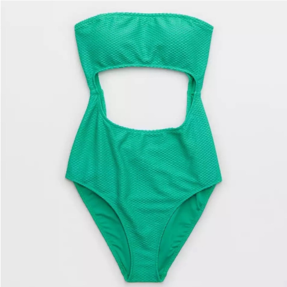 Aerie Jacquard Cut Out Strapless One Piece Swimsuit